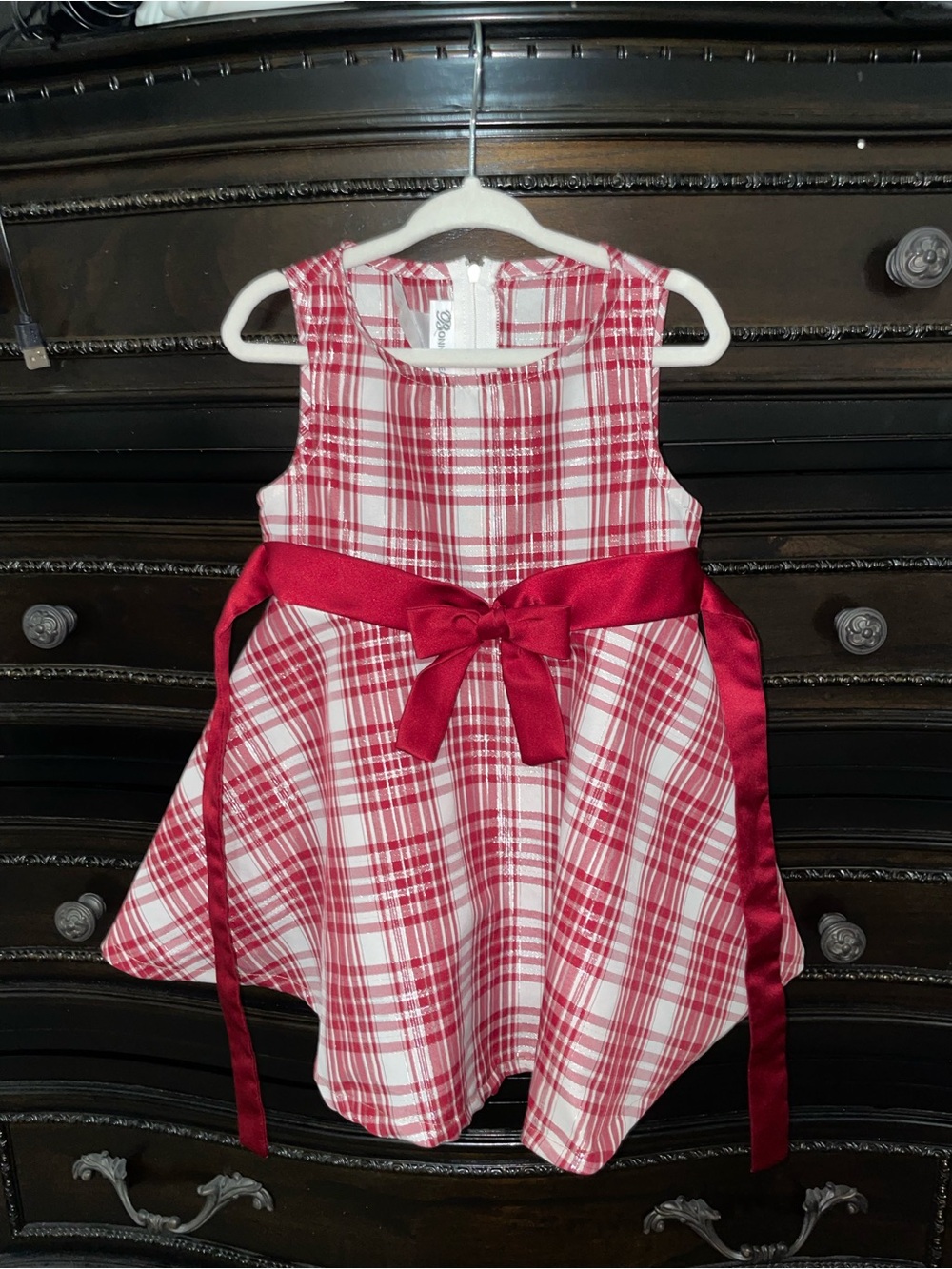 Bonnie Jean Red and White Plaid Bow Holiday Dress